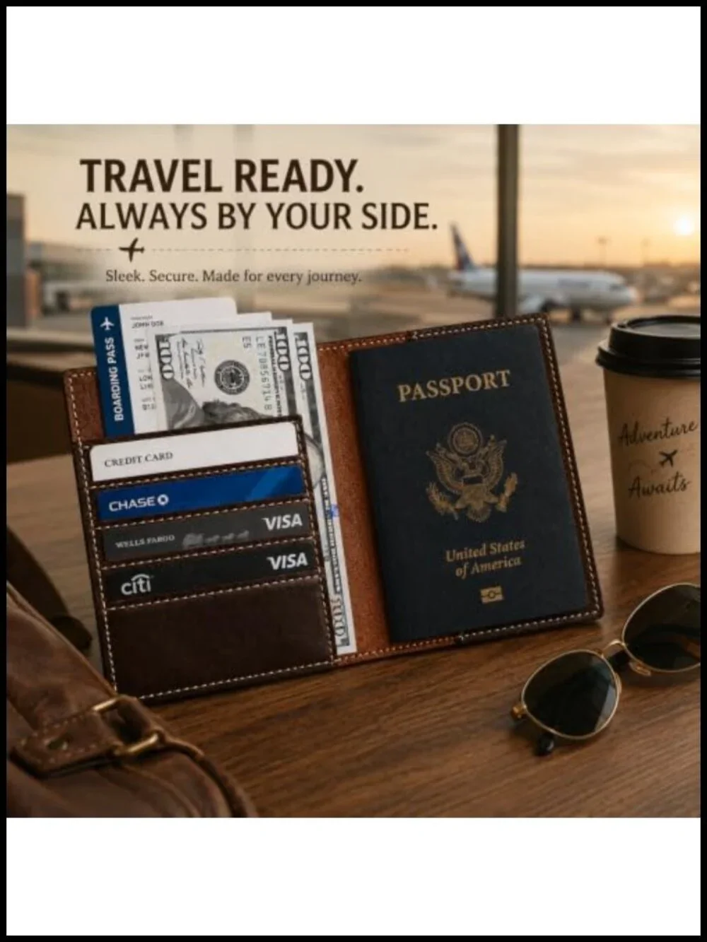 Genuine Leather Passport Holder Top Grain Travel Wallet Bifold Card Slots